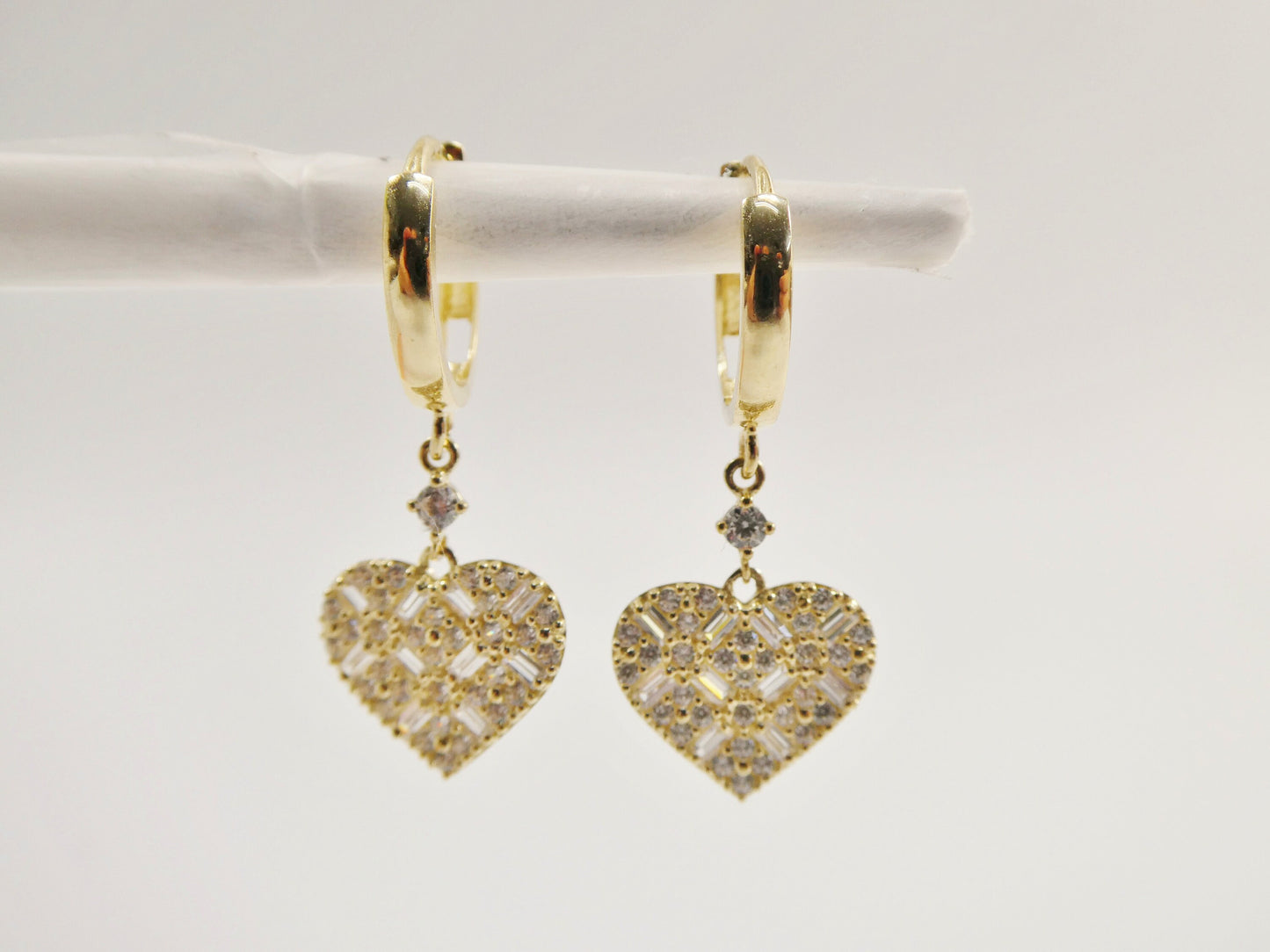 Real 10k Solid Yellow Gold Dangle Heart Baguette Setting Hoop Huggie Earrings