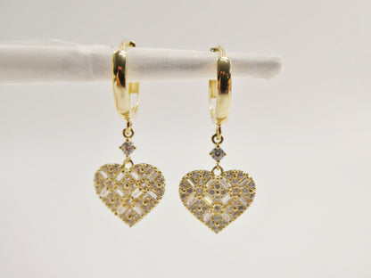 Real 10k Solid Yellow Gold Dangle Heart Baguette Setting Hoop Huggie Earrings