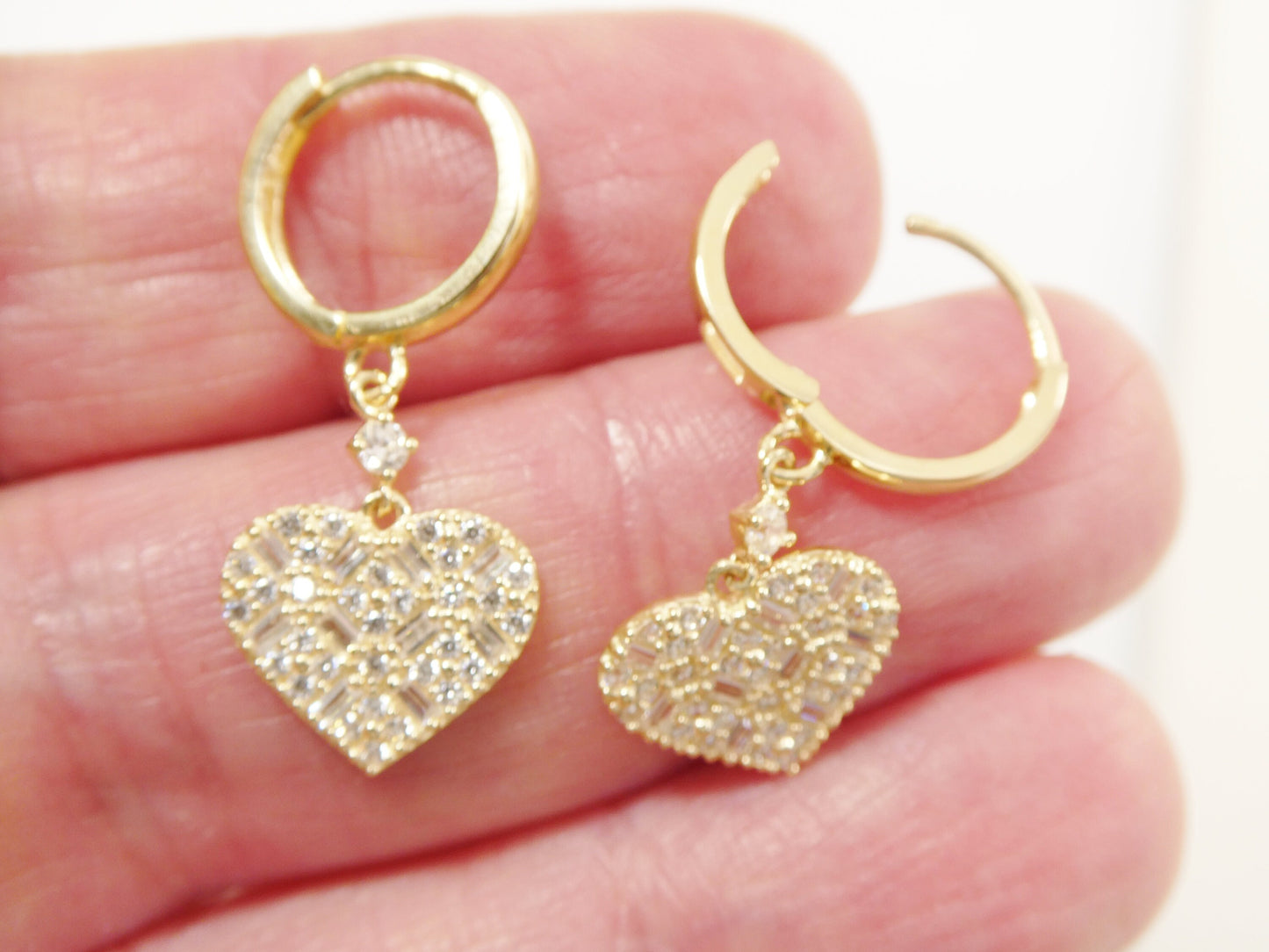 Real 10k Solid Yellow Gold Dangle Heart Baguette Setting Hoop Huggie Earrings