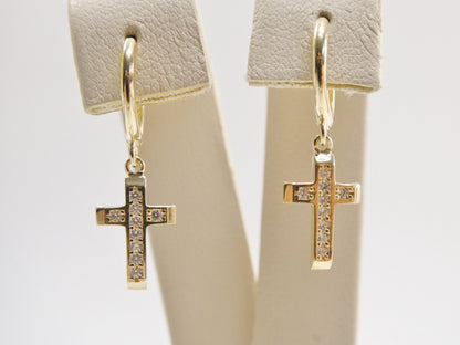 10k Solid Gold Cross Dangle Hoop Earrings
