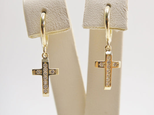 10k Solid Gold Cross Dangle Hoop Earrings