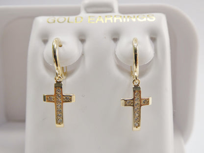 10k Solid Gold Cross Dangle Hoop Earrings