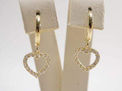 Real 10k Solid Yellow Gold Dangle Heart Micro Fave Setting Plain Hoop Huggie Earrings