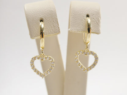 Real 10k Solid Yellow Gold Dangle Heart Micro Fave Setting Plain Hoop Huggie Earrings