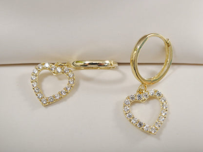 Real 10k Solid Yellow Gold Dangle Heart Micro Fave Setting Plain Hoop Huggie Earrings