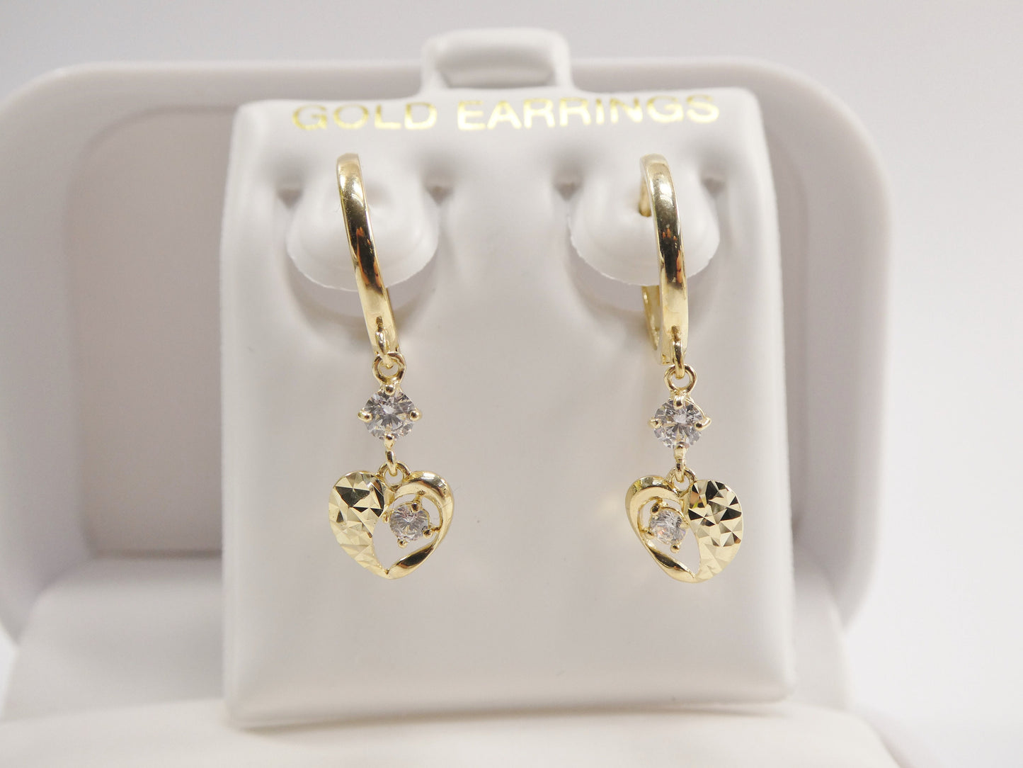 Real 10k Solid Yellow Gold Heart Dangle Hoop Huggie Earrings