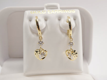 Real 10k Solid Yellow Gold Heart Dangle Hoop Huggie Earrings
