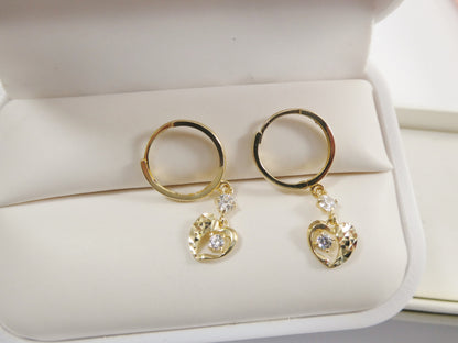 Real 10k Solid Yellow Gold Heart Dangle Hoop Huggie Earrings