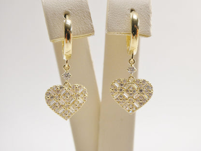 Real 10k Solid Yellow Gold Dangle Heart Baguette Setting Hoop Huggie Earrings