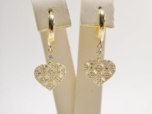 real 10k solid yellow gold dangle heart baguette setting hoop huggie earrings