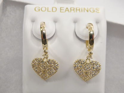 Real 10k Solid Yellow Gold Dangle Heart Baguette Setting Hoop Huggie Earrings