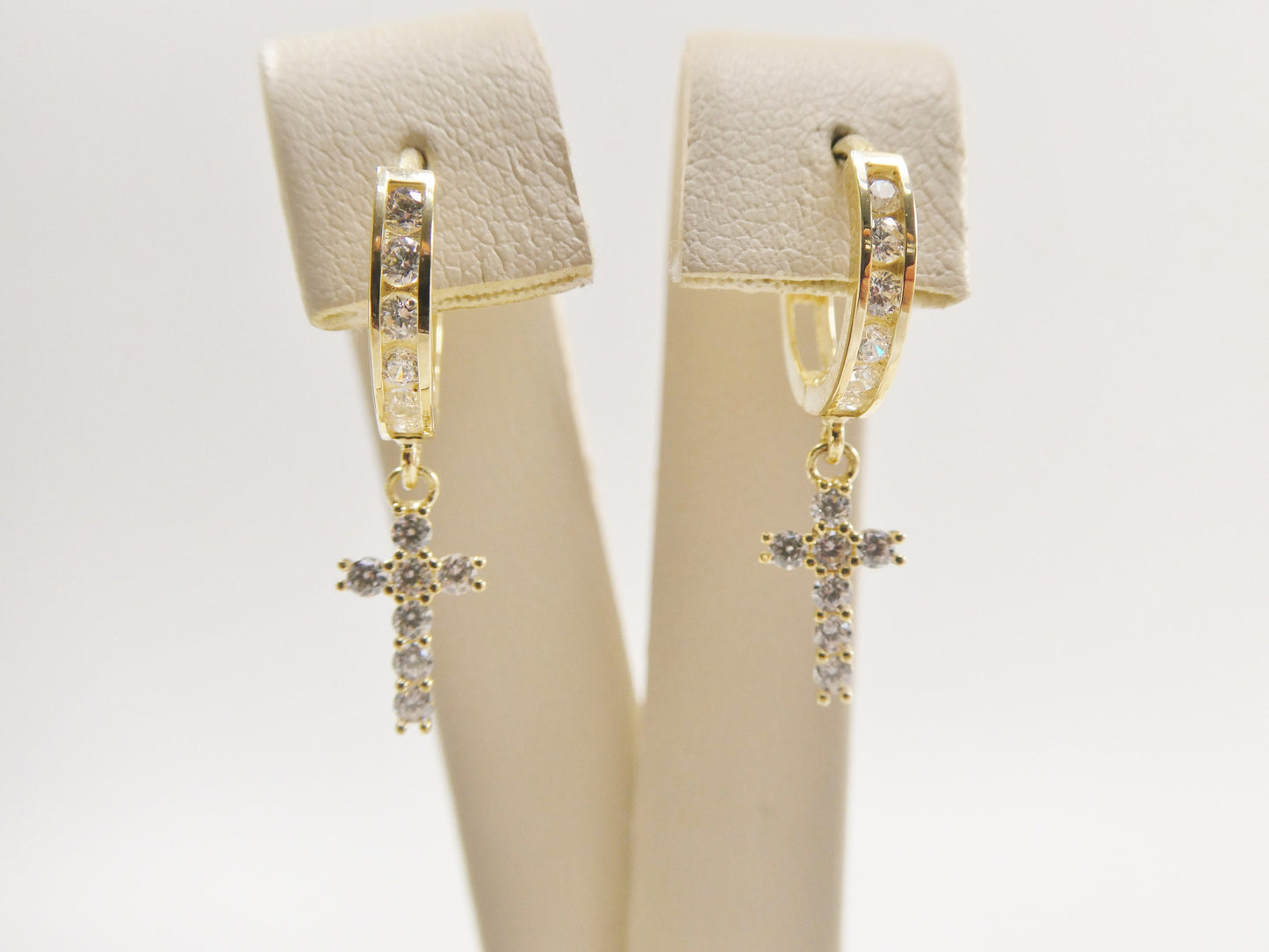 10k Yellow Gold Huggie Hoop Earrings: Cubic Zirconia Cross Dangle