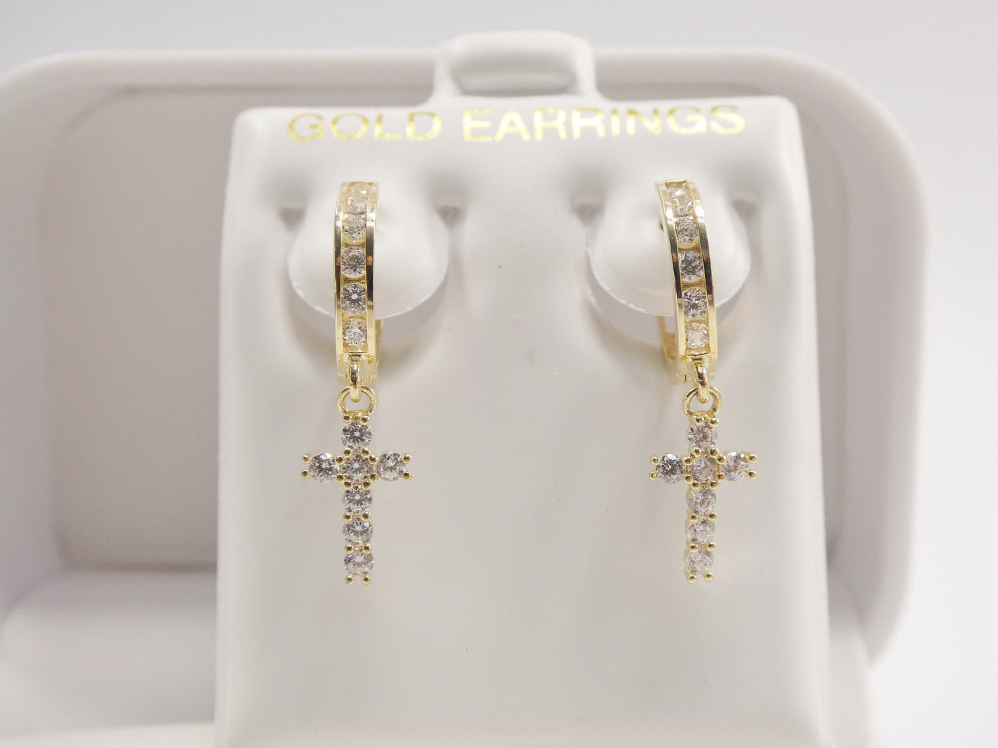 10k Yellow Gold Huggie Hoop Earrings: Cubic Zirconia Cross Dangle