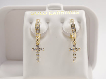 10k Yellow Gold Huggie Hoop Earrings: Cubic Zirconia Cross Dangle