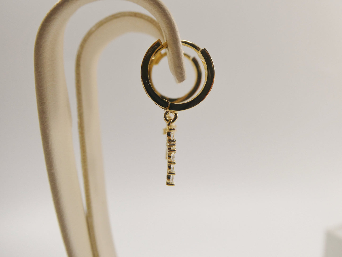 10k Yellow Gold Huggie Hoop Earrings: Cubic Zirconia Cross Dangle