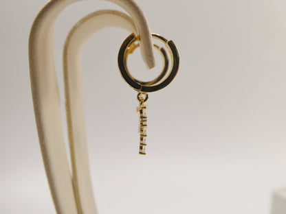 10k Yellow Gold Huggie Hoop Earrings: Cubic Zirconia Cross Dangle