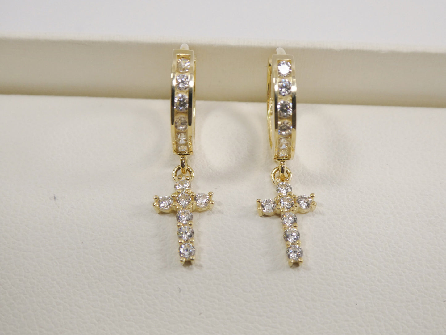 10k Yellow Gold Huggie Hoop Earrings: Cubic Zirconia Cross Dangle