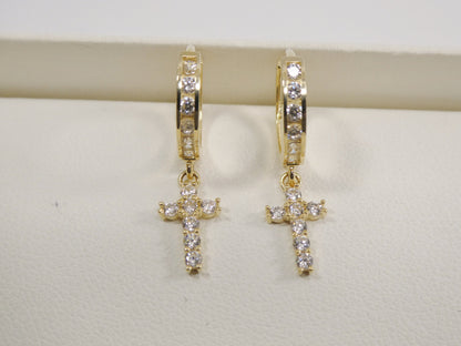 10k Yellow Gold Huggie Hoop Earrings: Cubic Zirconia Cross Dangle