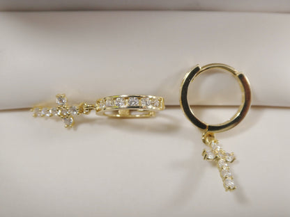 10k Yellow Gold Huggie Hoop Earrings: Cubic Zirconia Cross Dangle
