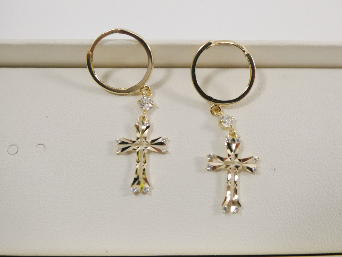 10k Solid Gold Cross Dangle Hoop Earrings: Laser Cut Religious Jewelry