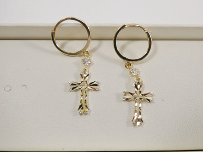 10k Solid Gold Cross Dangle Hoop Earrings: Laser Cut Religious Jewelry