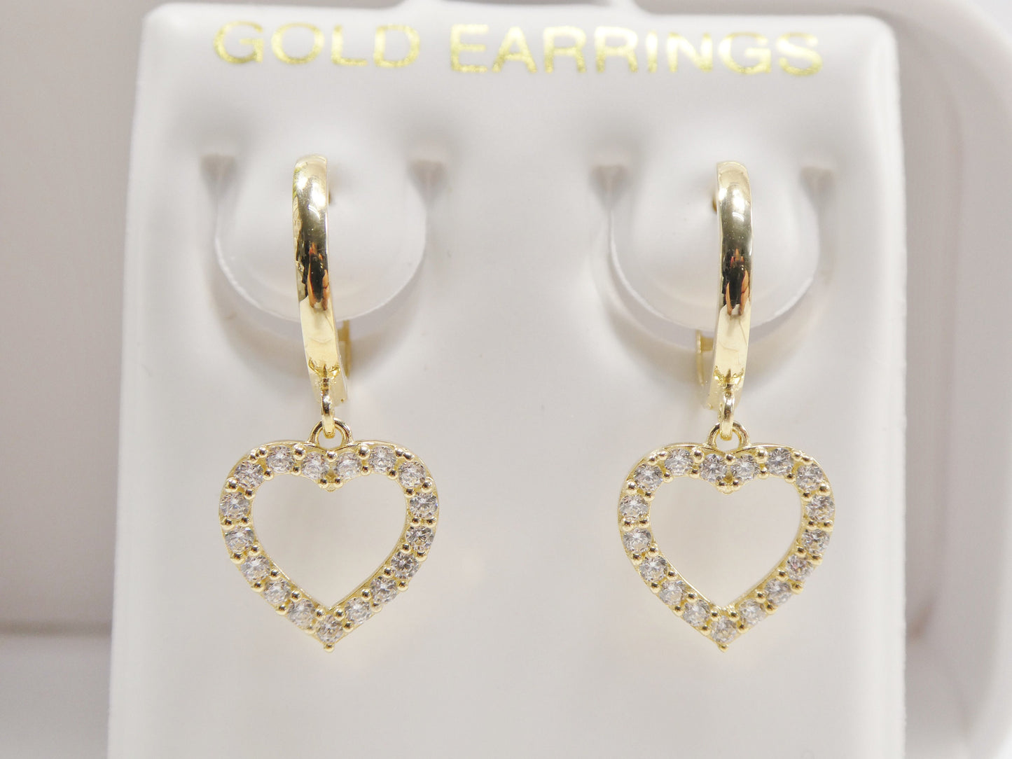Real 10k Solid Yellow Gold Dangle Heart Micro Fave Setting Plain Hoop Huggie Earrings