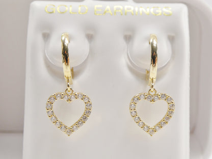 Real 10k Solid Yellow Gold Dangle Heart Micro Fave Setting Plain Hoop Huggie Earrings