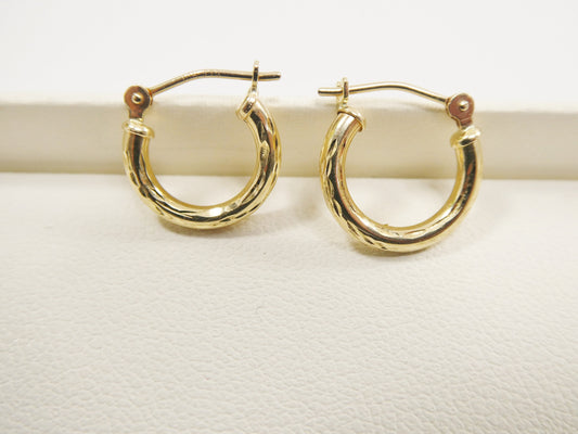 real 10k solid yellow gold diamond cut hoop 12mm tube earrings