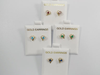 10k Real Solid Yellow Gold Screw Back Children Birthstone Earrings Heart Shape