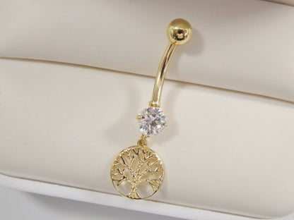 14k Real Solid Yellow Gold Dangling Tree of Life Belly Button Ring Piercing