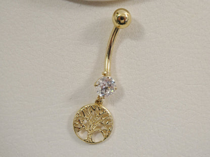 14k Real Solid Yellow Gold Dangling Tree of Life Belly Button Ring Piercing