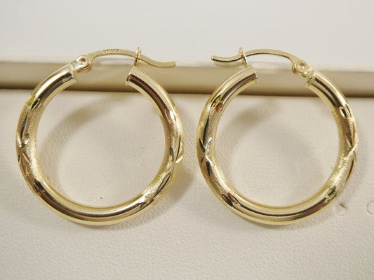 14K real solid yellow gold 25mm round hoop earrings snap closure diamond cut finish
