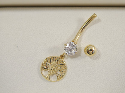 14k Real Solid Yellow Gold Dangling Tree of Life Belly Button Ring Piercing