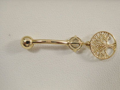 14k Real Solid Yellow Gold Dangling Tree of Life Belly Button Ring Piercing