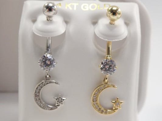 14k real solid yellow gold dangling moon and star belly button ring piercing