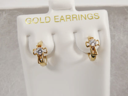 10k Real Solid Yellow Gold Small Huggie Cross Hoop Fancy Earrings