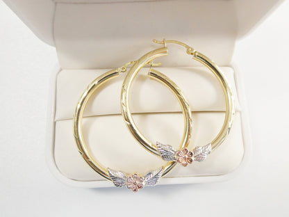 14K Yellow Gold Hoop Earrings: Diamond Cut Flower, 40mm