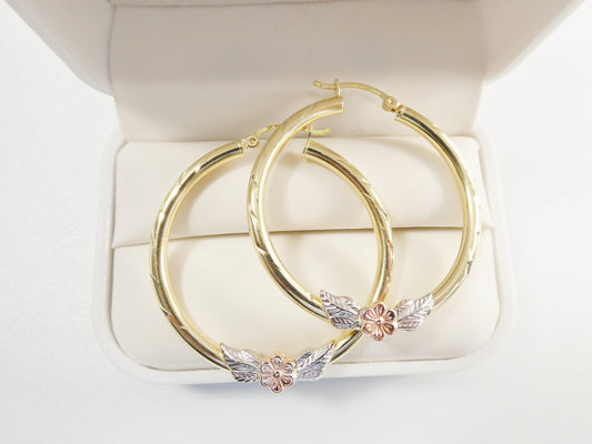 14K Yellow Gold Hoop Earrings: Diamond Cut Flower, 40mm
