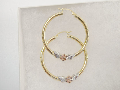 14K Yellow Gold Hoop Earrings: Diamond Cut Flower, 40mm