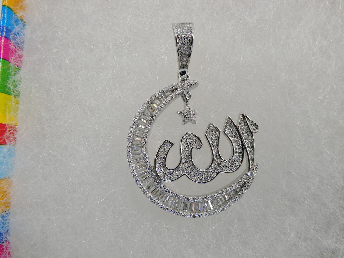 real 925 sterling silver large Muslim Allah pendent baguette stone charm