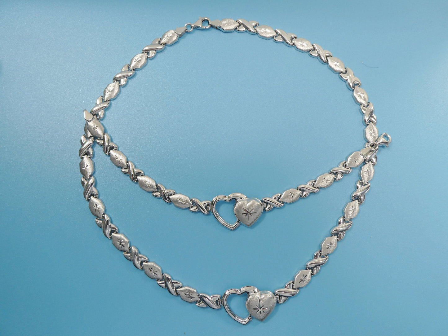 Sterling Silver Double Heart Necklace Bracelet Set - White Gold Finish
