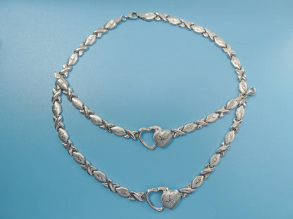 Sterling Silver Double Heart Necklace Bracelet Set - White Gold Finish