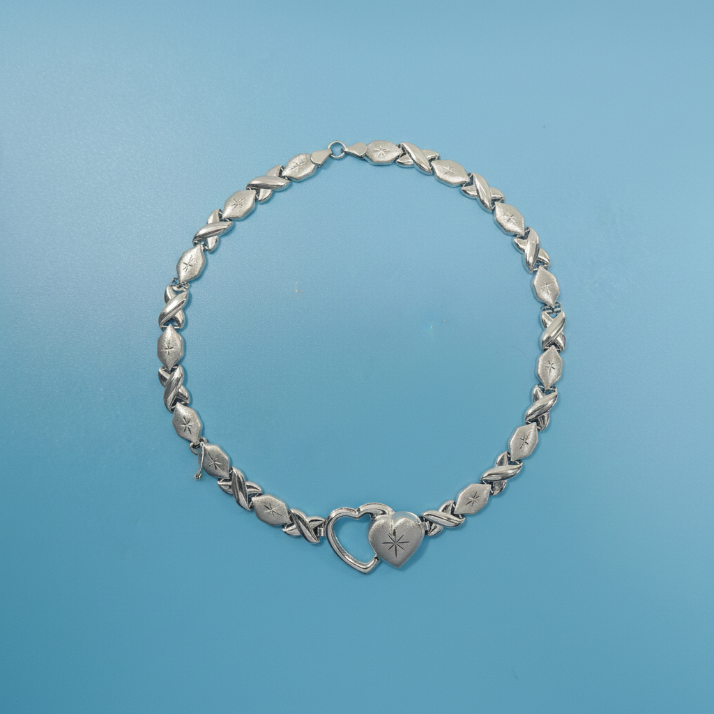 Sterling Silver Double Heart Necklace Bracelet Set - White Gold Finish