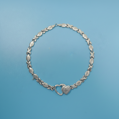 Sterling Silver Double Heart Necklace Bracelet Set - White Gold Finish