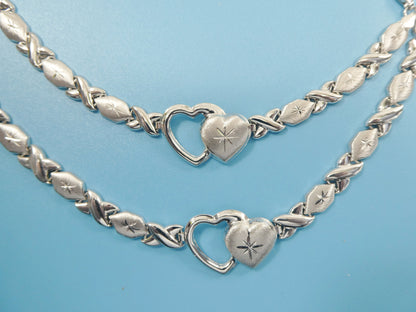 Sterling Silver Double Heart Necklace Bracelet Set - White Gold Finish