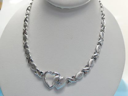 Sterling Silver Double Heart Necklace Bracelet Set - White Gold Finish