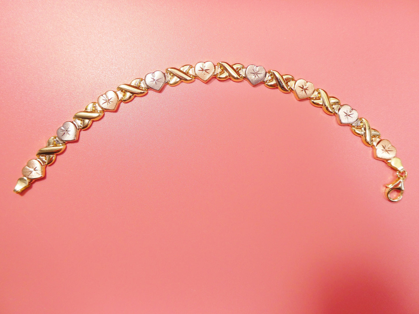 Real 10k Solid Yellow Gold XO Heart Hugs and Kisses Tri Color Stampato Bracelet