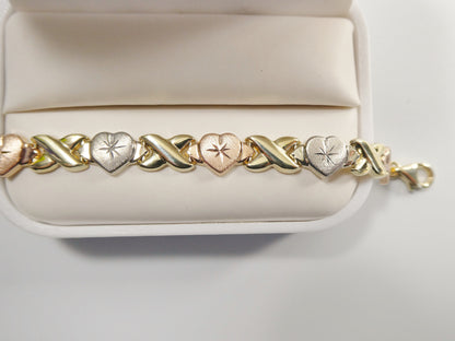 Real 10k Solid Yellow Gold XO Heart Hugs and Kisses Tri Color Stampato Bracelet
