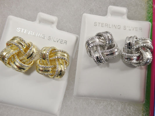 real 925 sterling silver love knot style14k yellow gold color finish push post earrings