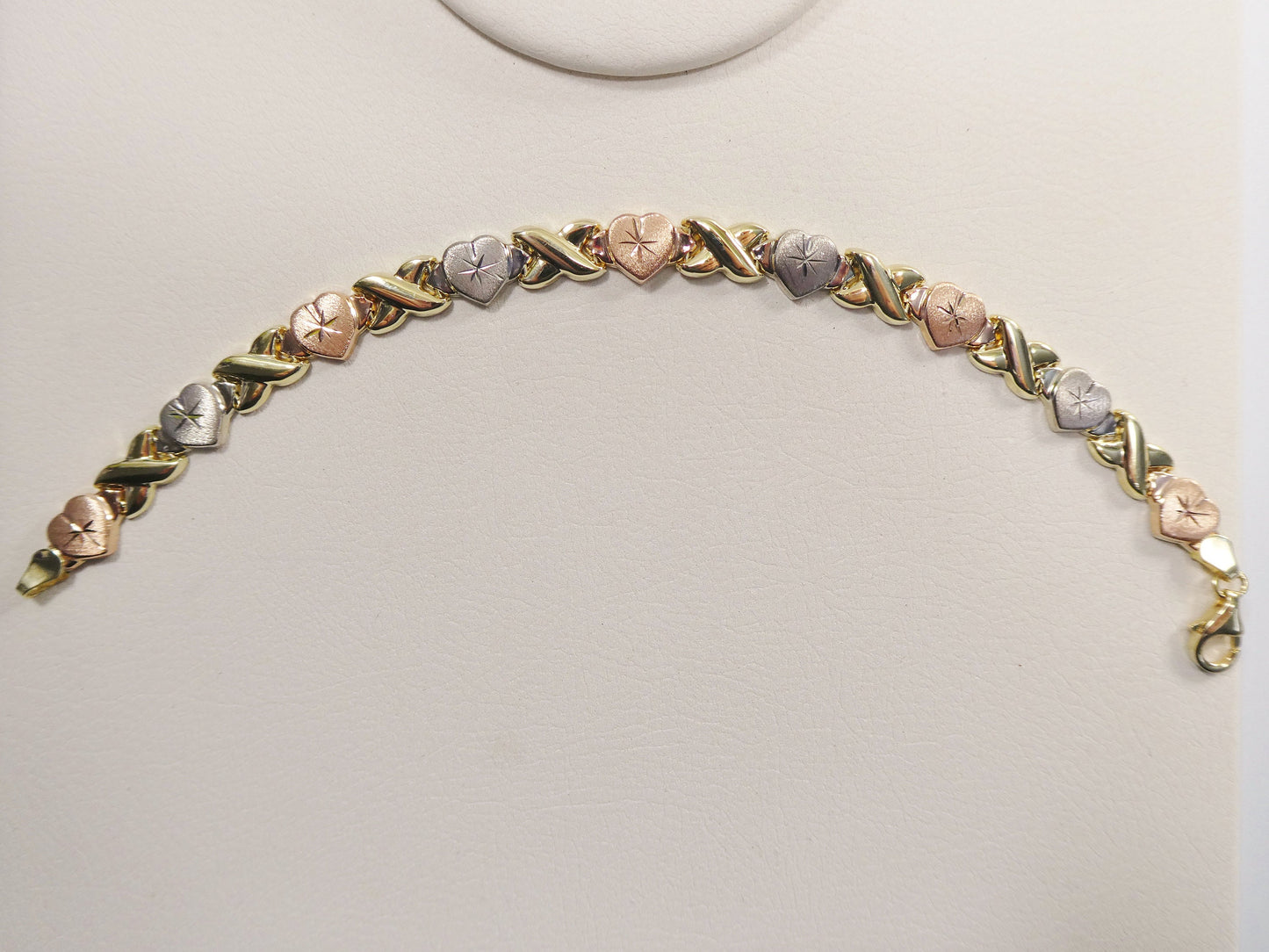 Real 10k Solid Yellow Gold XO Heart Hugs and Kisses Tri Color Stampato Bracelet